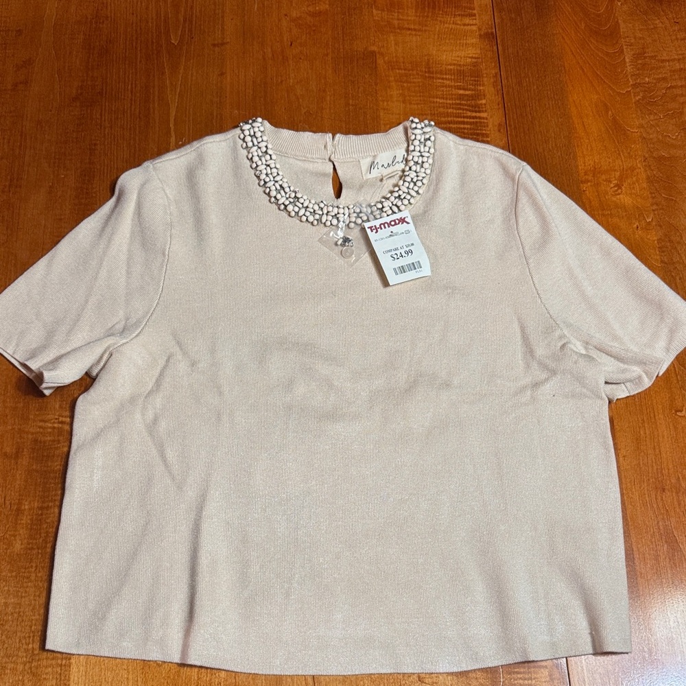 Beige Short Sleeve Blouse with Bead Detail